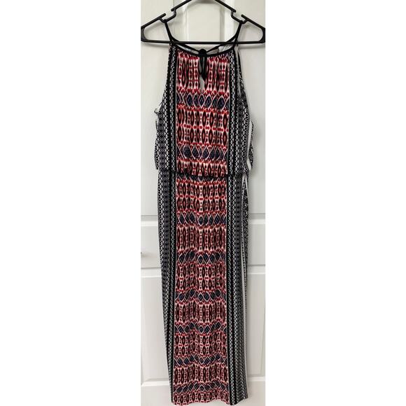 London Times medium Maxi geometric stripe sleeveless front tie dress - Picture 4 of 6